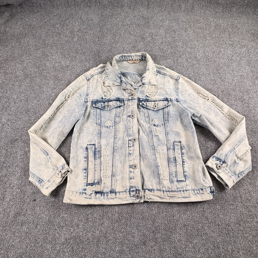 Hwy Jeans Denim Jacket Women's M‎ Distressed Acid Wash Grunge Y2K Streetwear